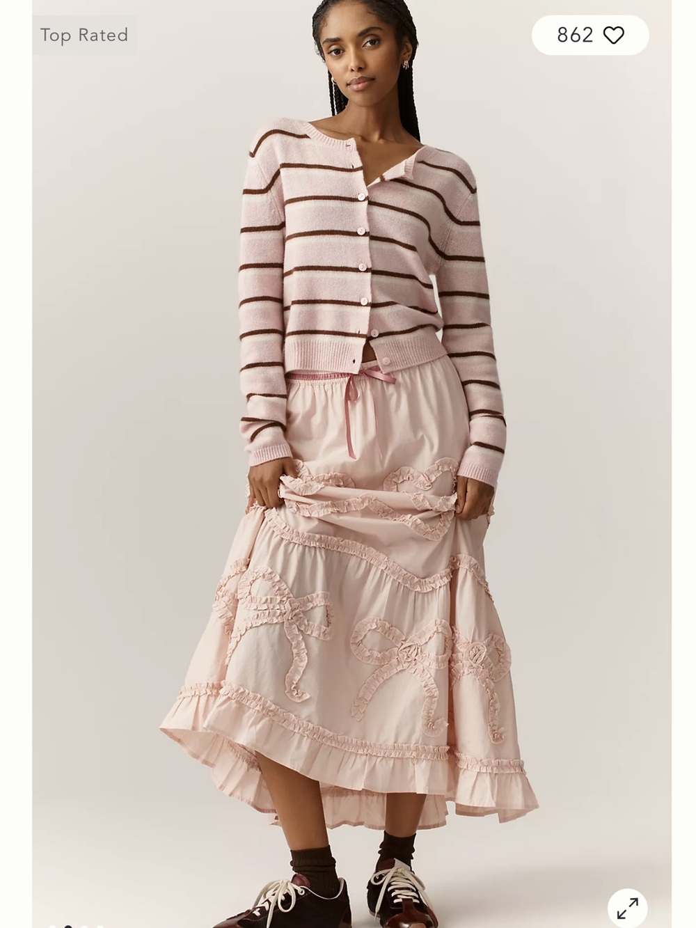 Rare ANTHROPOLOGIE Deco Ruffles Cute Heart Gathered Bows Drawstring Maxi Skirt L